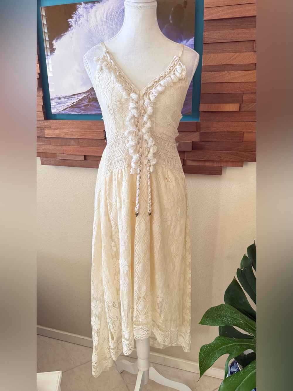 Boho Cream Lace Midi Dress with Tassel Detail